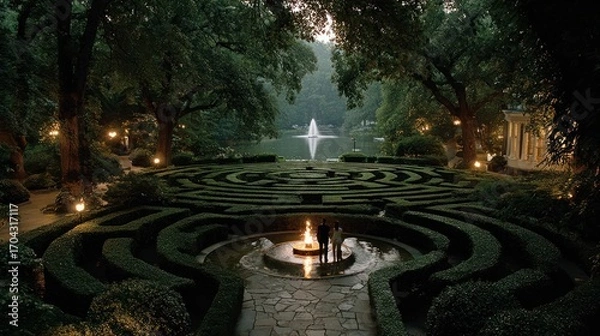 Fototapeta Peace garden maze with center containing eternal flame, visitors finding path to understanding