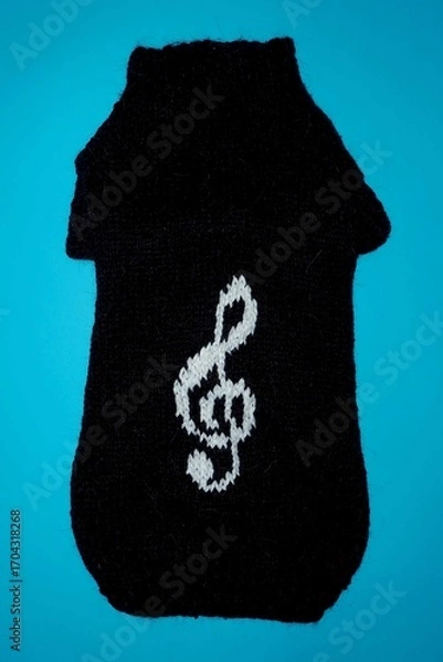Fototapeta on a blue background lies a knitted black sweater pets for dogs with a white treble clef pattern. top view. handmade