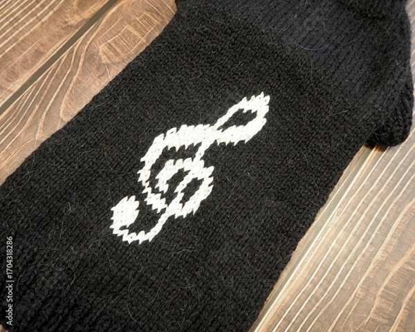 Fototapeta On a wooden background lies a knitted black sweater to dogs pets with a white treble clef pattern. side view. handmade