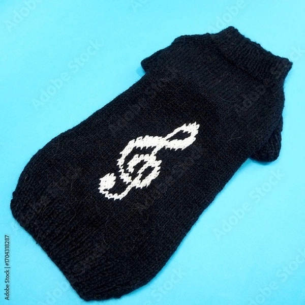 Fototapeta on a blue background lies a knitted black sweater to dogs pets for dogs with a white treble clef pattern. side view. handmade
