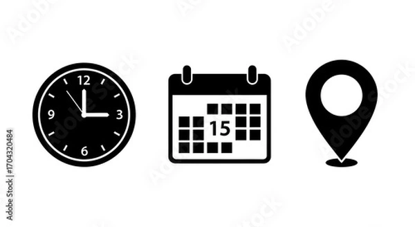 Fototapeta  Clock, 24-hour calendar and location pin icon trio — time, date and place UI glyphs for scheduling and maps