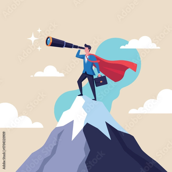 Fototapeta A businessman with a cape standing on a mountain looking through a telescope