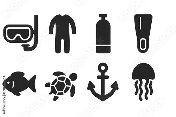 Fototapeta Exploring the Depths: An Artistic Representation of Essential Scuba Diving Gear and Marine Life Icons for Adventurers and Ocean Enthusiasts  isolated on white or transparent png