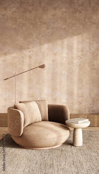 Fototapeta Modern boho scandinavian living space with comfortable armchair and unique floor lamp, 3d rendering
