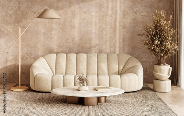 Fototapeta Elegant beige living room with plush sofa and marble coffee table in boho scandinavian style, 3d rendering