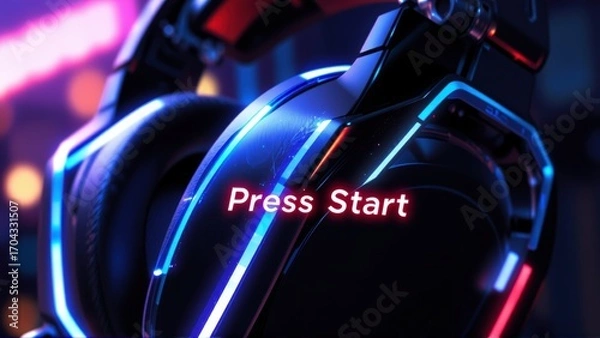 Fototapeta Retro Headphones Start, Neon Trim Gaming, Glowing Earcup Begin, Tech Audio Play, Digital Art Retro