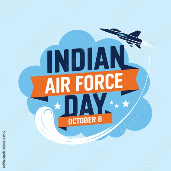 Fototapeta Vector art of indian air force day october 8th celebration with fighter jet and clouds graphic