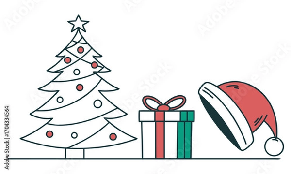 Obraz Minimal Christmas Vector with Tree, Gift Box, and Santa Hat