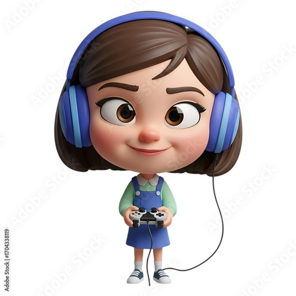 Fototapeta Cute 3D cartoon girl character with blue headphones happily playing video games with a controller, isolated on a white background
