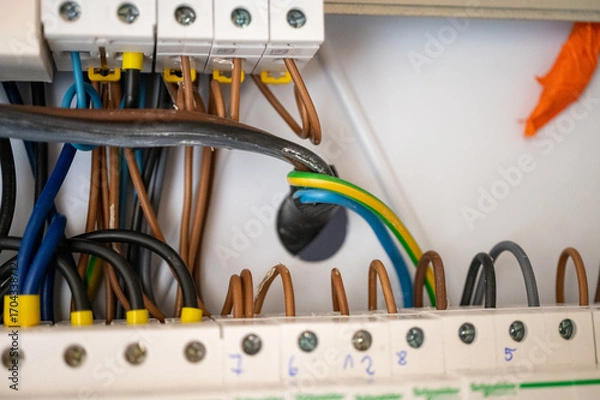 Fototapeta Close-up of electrical wiring connected to circuit breakers inside a distribution board.