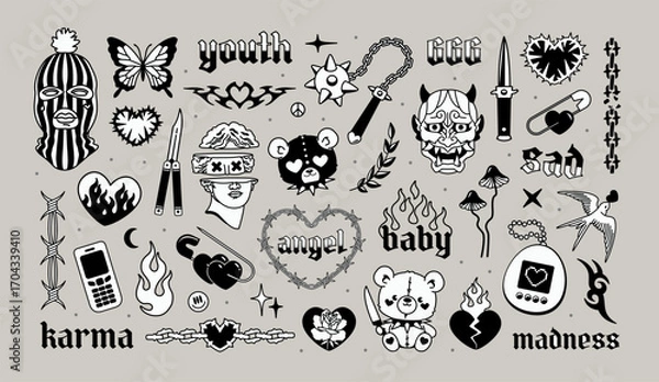 Fototapeta Trendy 2025 Tattoo designs collection with Y2k gothic elements. Temporary Rebellious Tattoos black and white designs. Aesthetic 2000s gothic and Y2k opium set of criminal style elements	
