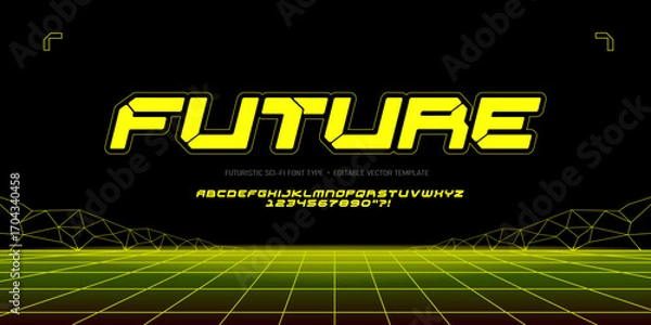 Fototapeta Concept of abstract futuristic background with neon grid lndscape with sci-fi font elements  - editable vector in acid lime color