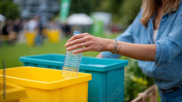 Fototapeta A woman places a plastic bottle into a recycling box in a park bins for glass and paper nearby the grass vibrant a cleanup event in the background recycling management sustain
