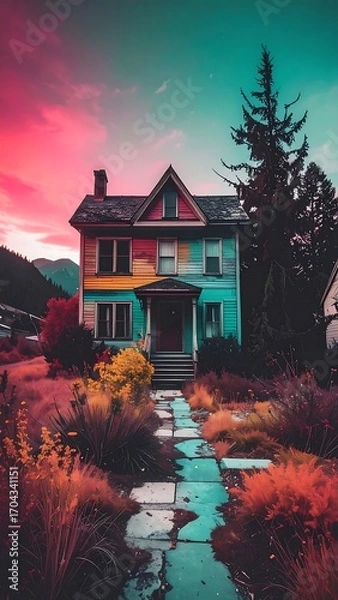 Fototapeta Colorful abandoned house at sunset