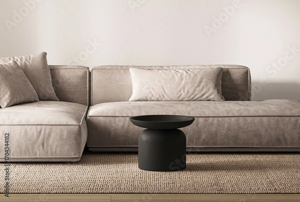 Fototapeta Minimalist Scandinavian living room with plush grey sofa and modern black floor lamp. 3d render
