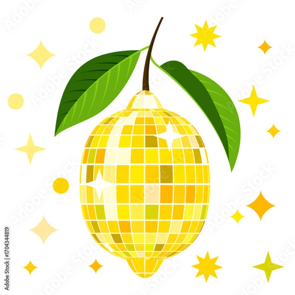 Fototapeta Vector trendy illustration of lemon with disco ball texture. Design for party, summer poster, nightlife music event