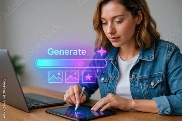 Fototapeta A woman is using a digital tablet with a laptop on desk, with the word Generate on the screen