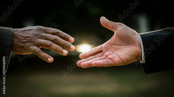 Obraz Two hands reaching out for connection during sunset in a serene outdoor setting