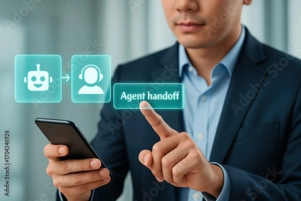 Fototapeta a man in a suit initiates a customer service agent handoff from a bot on a smartphone. It captures the technological interface and business transaction