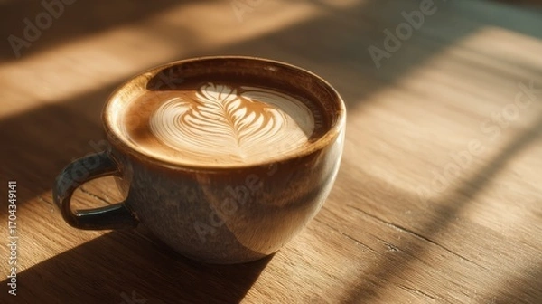 Fototapeta cozy morning coffee in a ceramic cup with elegant latte art on wooden table in soft cafe light warm ambiance perfect for cafe culture lifestyle or beverage branding concepts