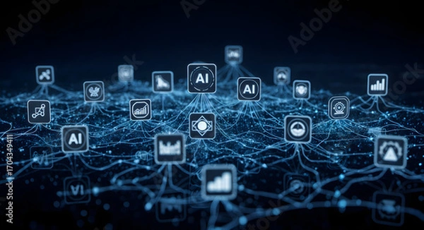 Fototapeta AI agent orchestration and integration network with data icons