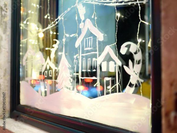 Fototapeta A large window decorated for Christmas