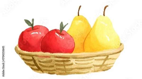 Fototapeta A watercolor illustration of a basket filled with red apples and yellow pears on white background