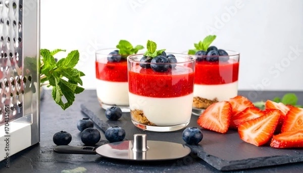 Fototapeta Delicious and Refreshing Three Layer Dessert with Strawberry and Blueberry Decoration