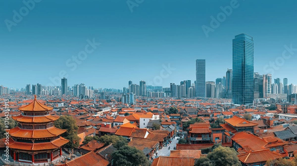 Fototapeta Contrast of traditional temples and modern towers in cityscape