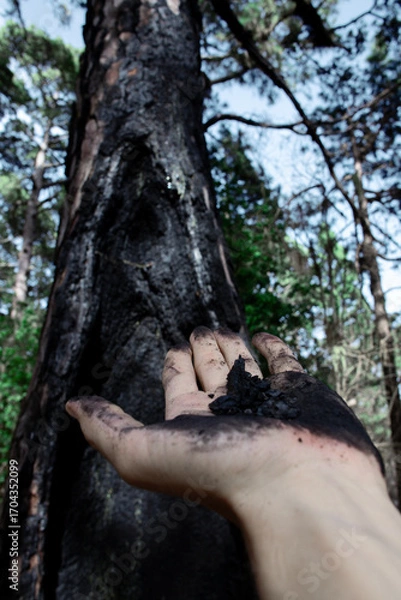 Obraz A hand holds charcoal pieces from a burnt tree trunk in a forest, showing wildfire aftermath up close.