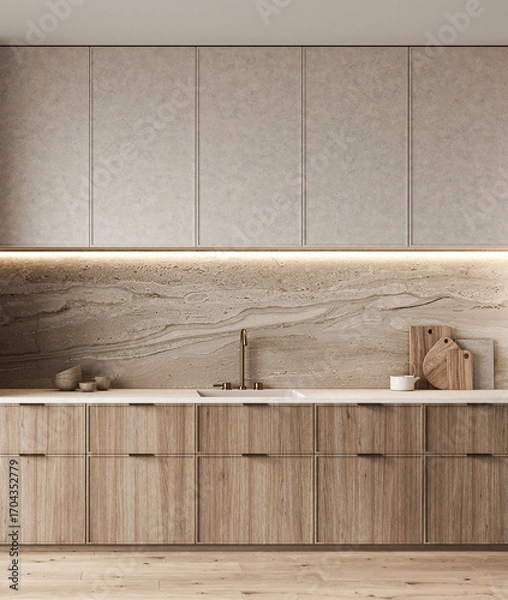 Fototapeta Contemporary kitchen design emphasizing neutral tones, natural wood, and sublime marble textures. 3d rendering. High quality 3d illustration