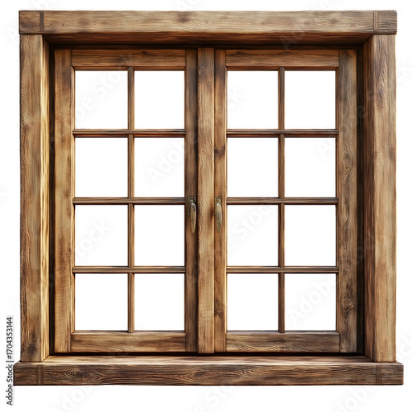 Fototapeta Detailed Wooden Window Frame with Three Panes Isolated on Transparent Background, Classic Wooden Window Architecture Element, Decorative Three-Pane Wooden Window Isolated