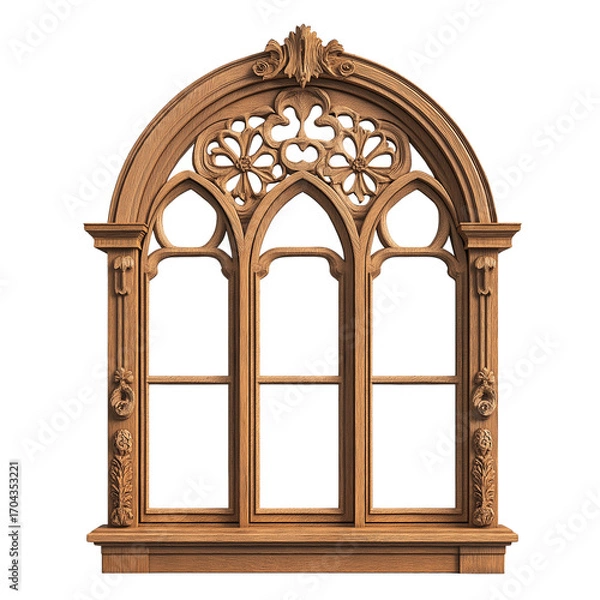 Fototapeta Detailed Wooden Window Frame with Three Panes Isolated on Transparent Background, Classic Wooden Window Architecture Element, Decorative Three-Pane Wooden Window Isolated