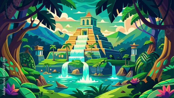 Fototapeta The colorful Palenque ruins rise from Chiapas jungle, ancient Mayan temples carved with intricate glyphs, surrounded by emerald canopy and distant waterfalls whispering timeless stories of civilizatio