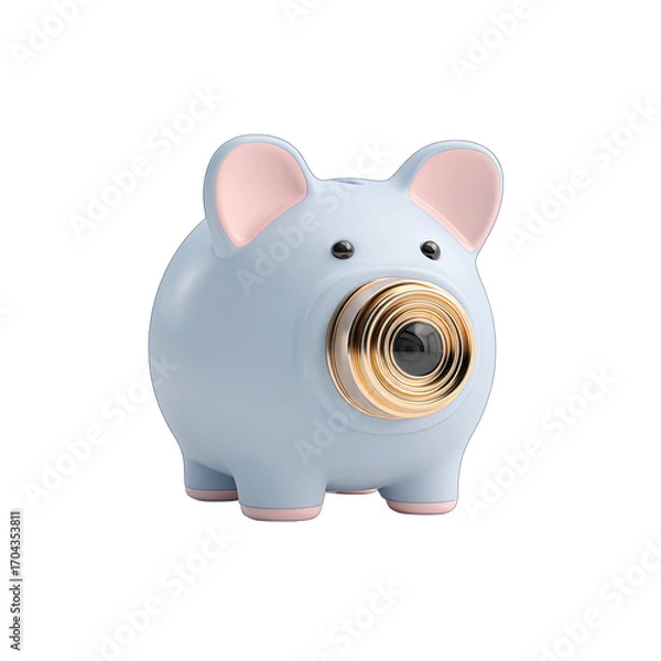 Fototapeta Light-blue piggy bank with a gold camera lens in its mouth.  Cute, 3D render, isolated
