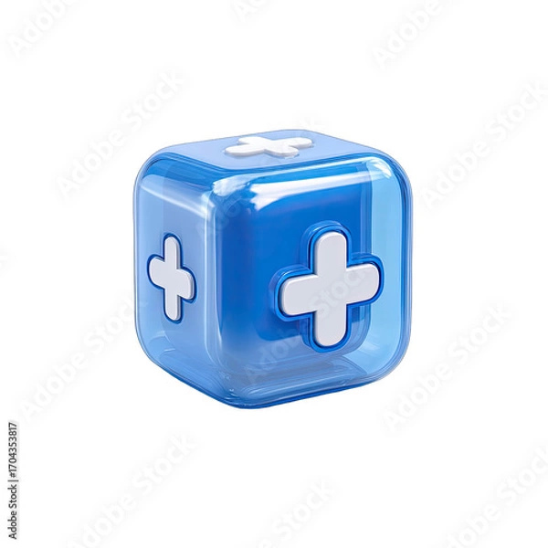 Fototapeta A translucent, light-blue cube with three white plus signs