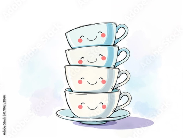 Fototapeta Cute Stack of Smiling Teacups with Watercolor Splashes
