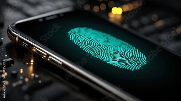 Fototapeta Modern smartphone displaying a vibrant fingerprint scanner design