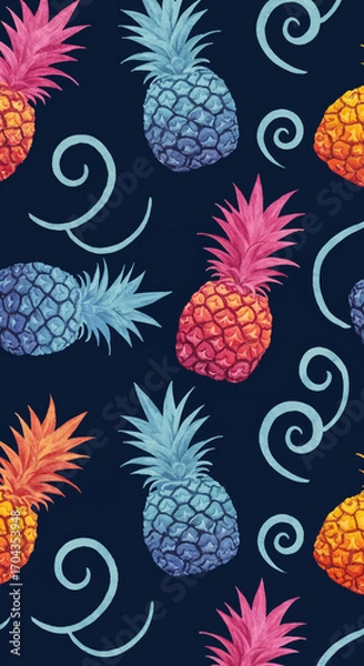 Fototapeta Watercolor Pineapple Pattern with Colorful Swirls on Dark Blue