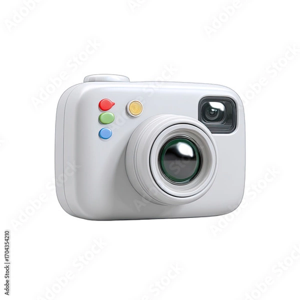 Fototapeta 3D model of a retro-styled, light gray, compact camera.  Colorful buttons