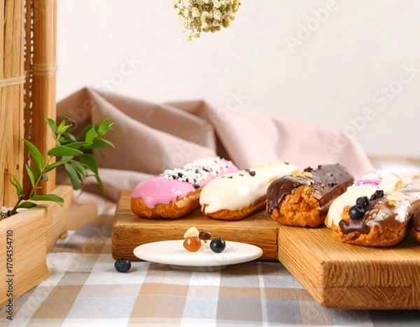 Obraz Delicious Assorted Glazed Eclair Pastries on Wooden Board Still Life
