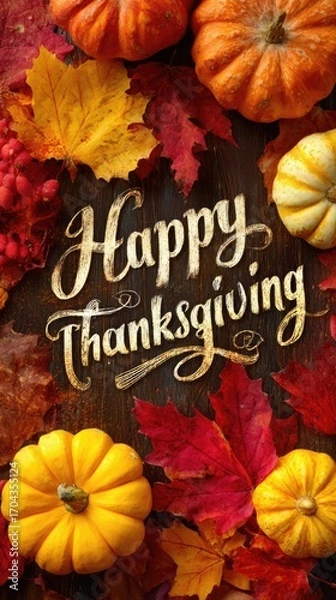 Fototapeta Happy Thanksgiving text on wooden background with pumpkins, yellow and red autumn maple leaves. Vertical holiday card