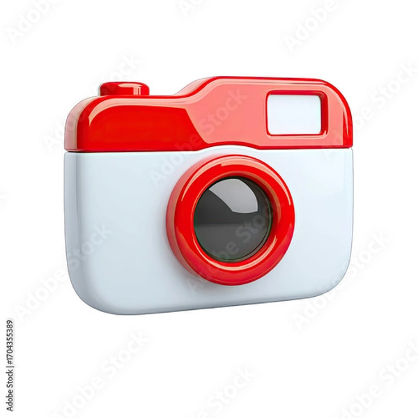 Fototapeta Cartoonish red and white camera icon.  A stylized, simplified camera, in red and white, is depicted. The camera has rounded edges and a large, glossy red lens