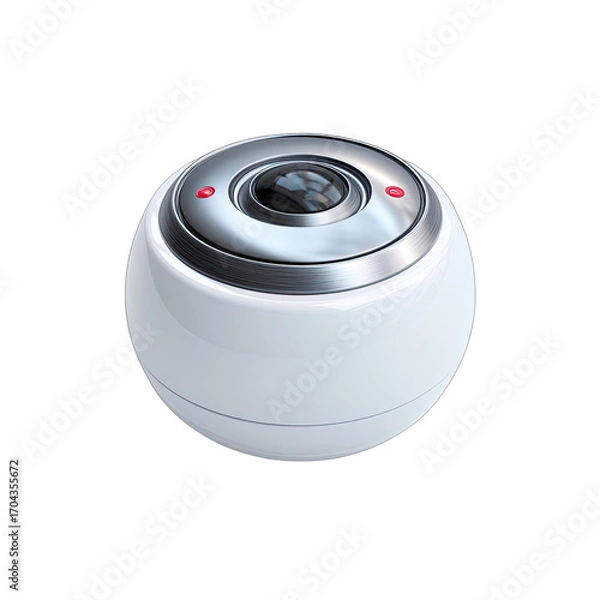 Obraz Spherical white camera with a metallic ring.  A small, round camera with a white body and a metallic, silver-toned ring around the lens. Two small, red indicators are visible near the lens