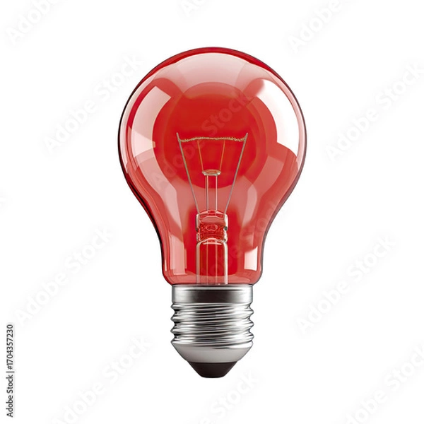 Fototapeta A single, vibrant red lightbulb against a black background.  The bulb is glossy, and the filament is visible within