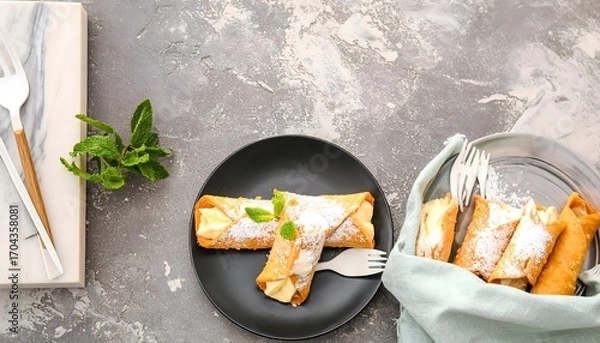 Fototapeta Delicious Cannoli with Cream Cheese Filling on a Modern Table Setting