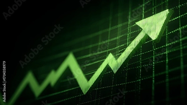 Obraz A stylized green upward arrow on a dark grid background, symbolizing growth and success in finance or business