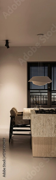 Fototapeta Modern kitchen design with ambient lighting and natural textures 3d render
