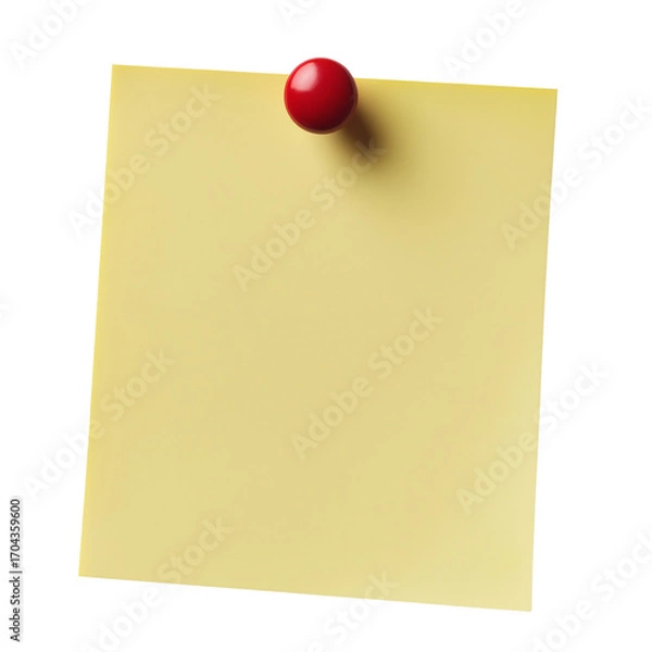 Fototapeta Yellow Sticky Note with Red Pushpin Isolated on Transparent Background, Yellow Sticky Note with Red Pushpin Isolated on Transparent Background