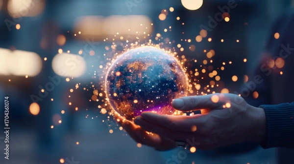 Fototapeta Man holding glowing digital earth in hands. Global network and connection concept for technology and communication.